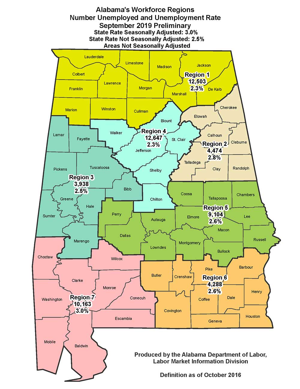 Unemployment numbers displayed on Alabama state map