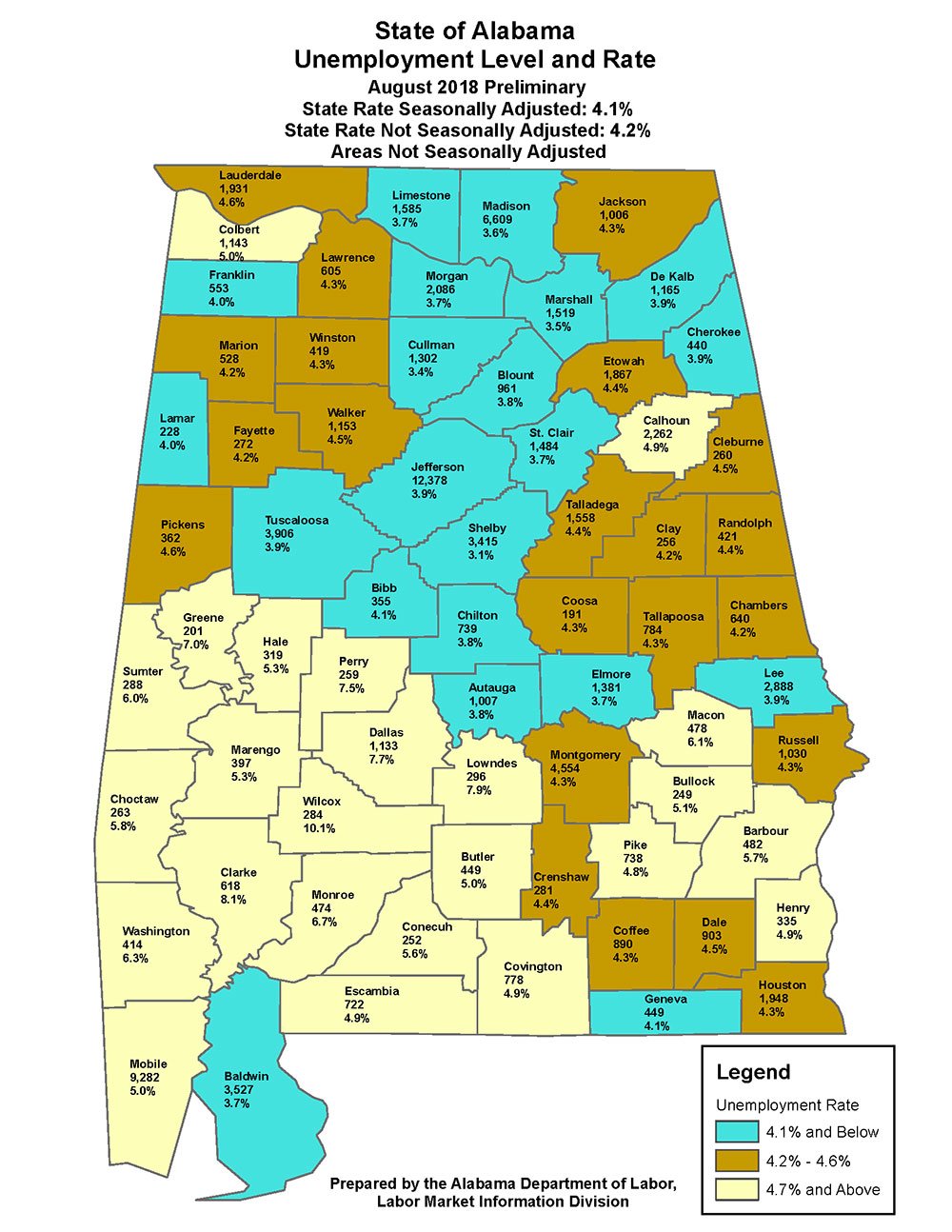 Unemployment numbers displayed on Alabama state map