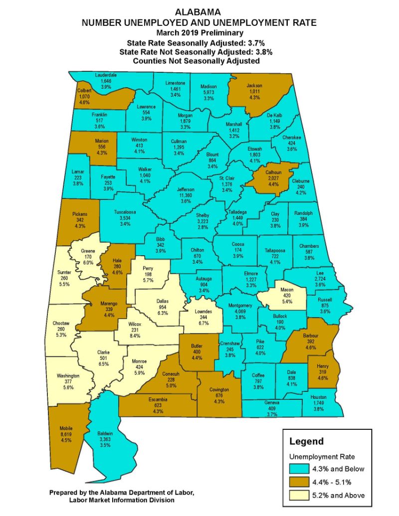 Unemployment numbers displayed on Alabama state map