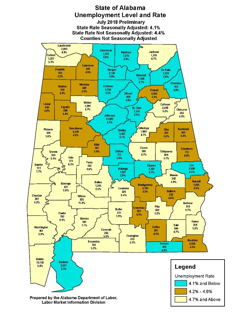 Unemployment numbers displayed on Alabama state map