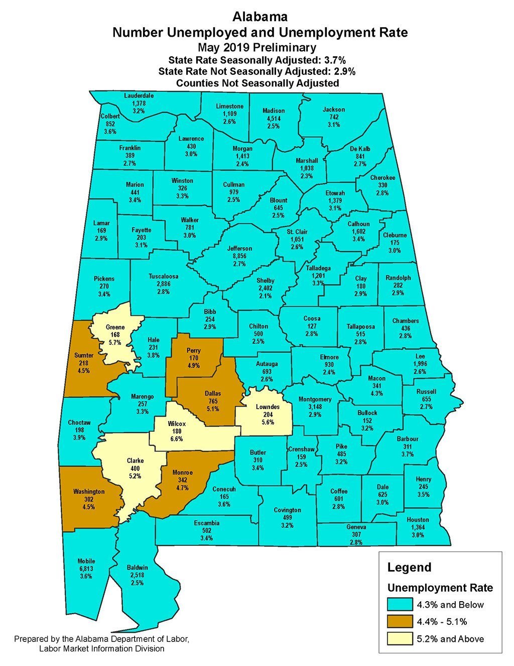 Unemployment numbers displayed on Alabama state map