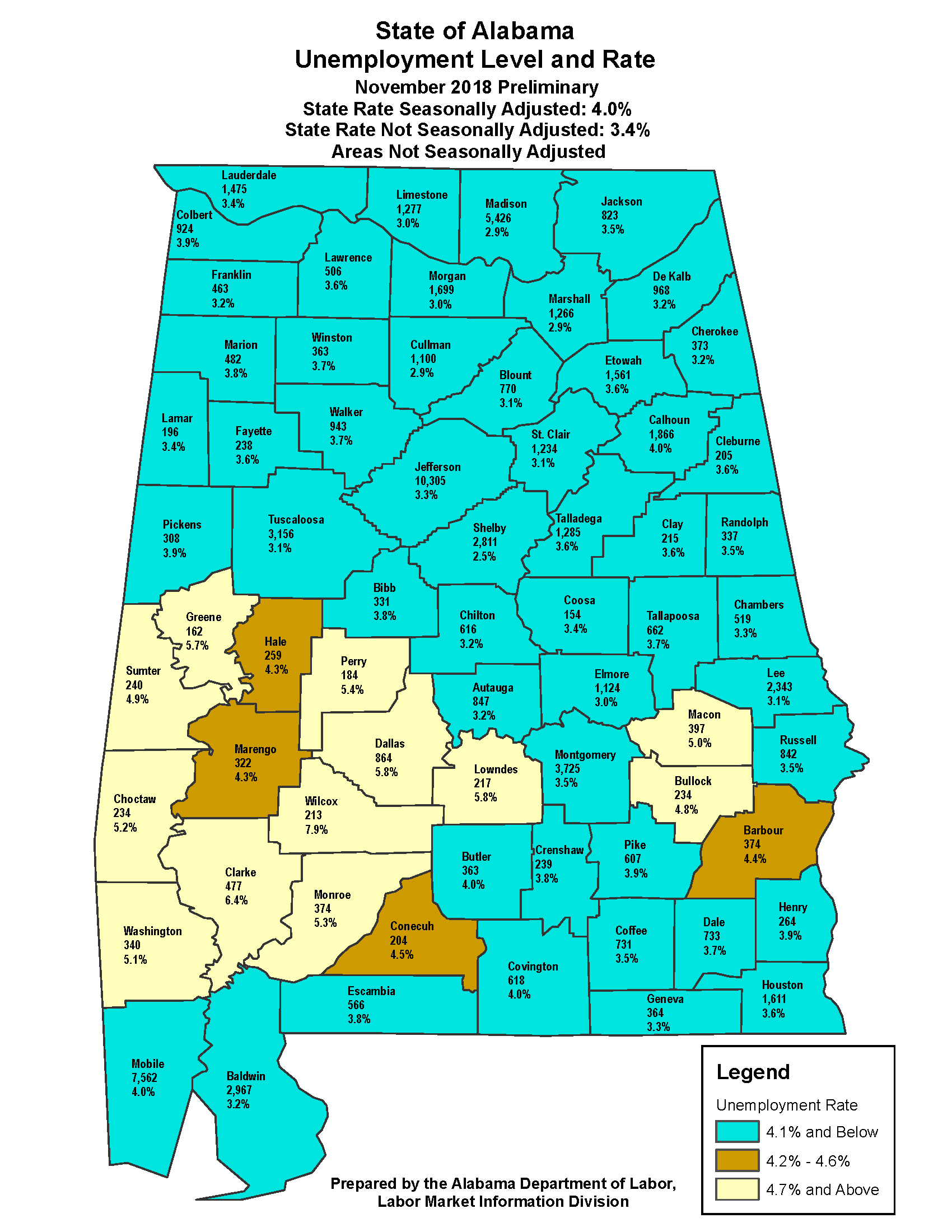 Unemployment numbers displayed on Alabama state map