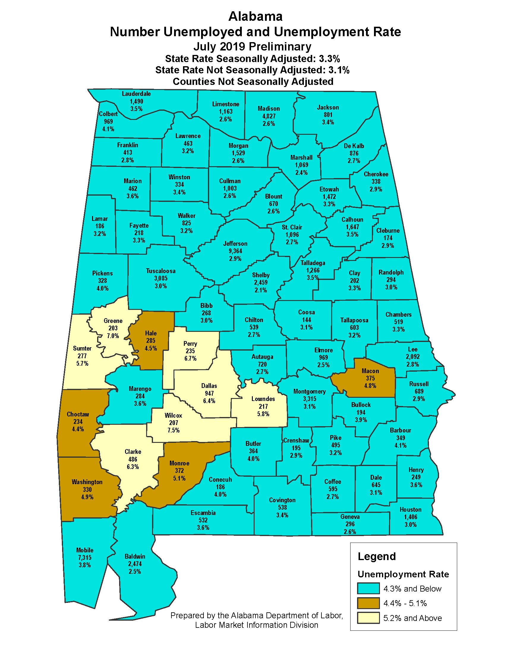 Unemployment numbers displayed on Alabama state map