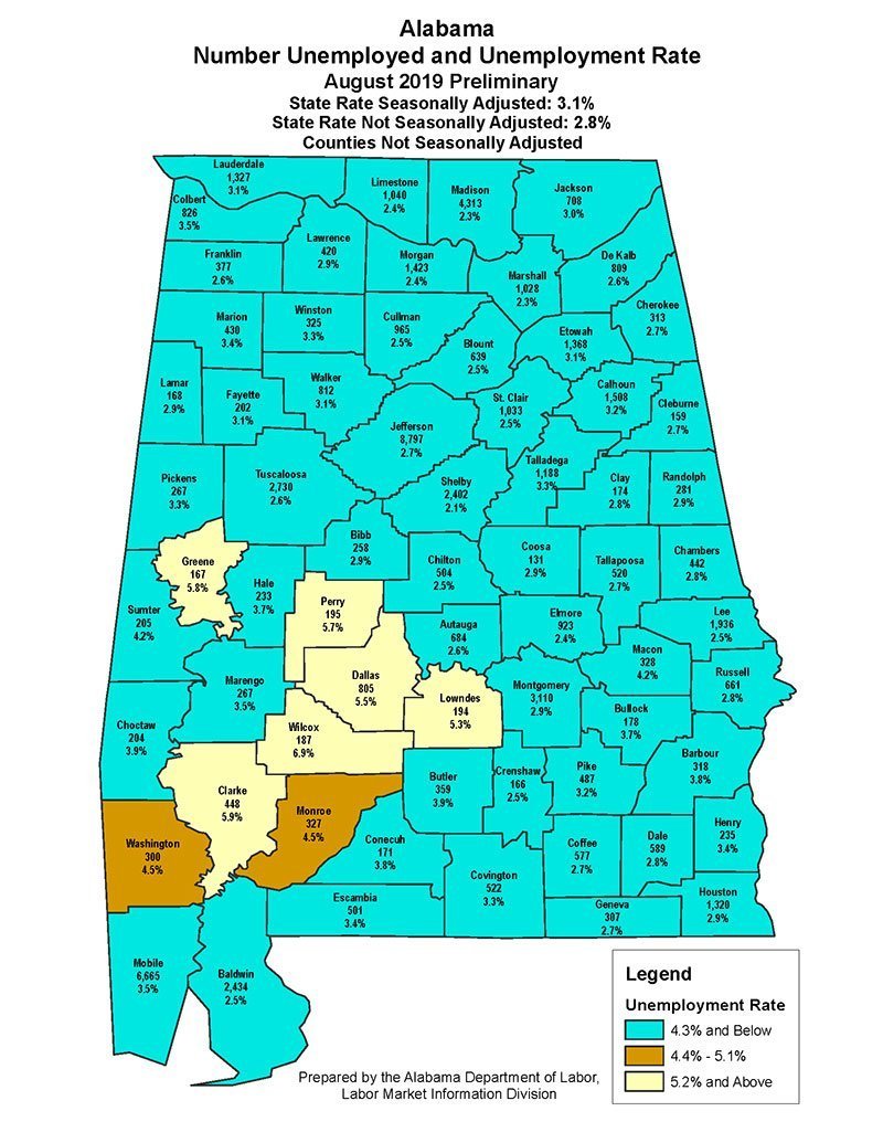 Unemployment numbers displayed on Alabama state map