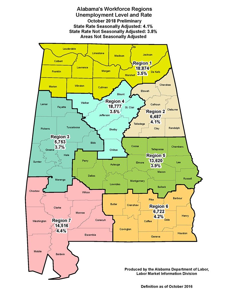 Unemployment numbers displayed on Alabama state map