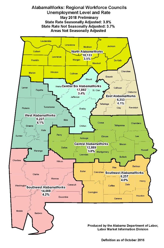 Unemployment numbers displayed on Alabama state map