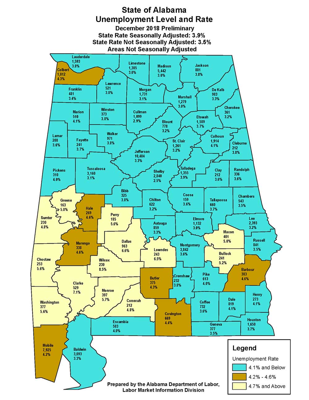 Unemployment numbers displayed on Alabama state map